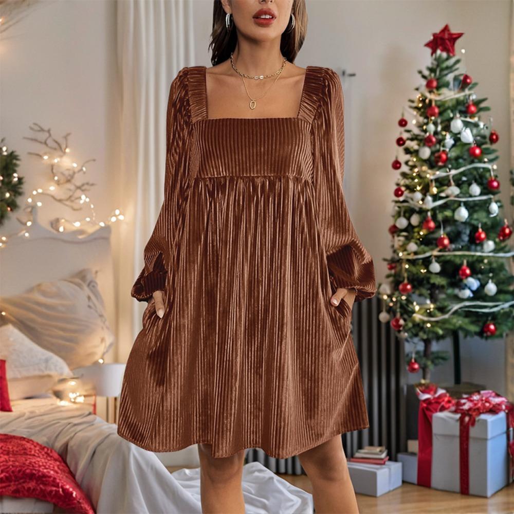 Women's Square Neck Long Sleeve Velvet Dress A-Line High Waist Solid Mini Dress With Pockets