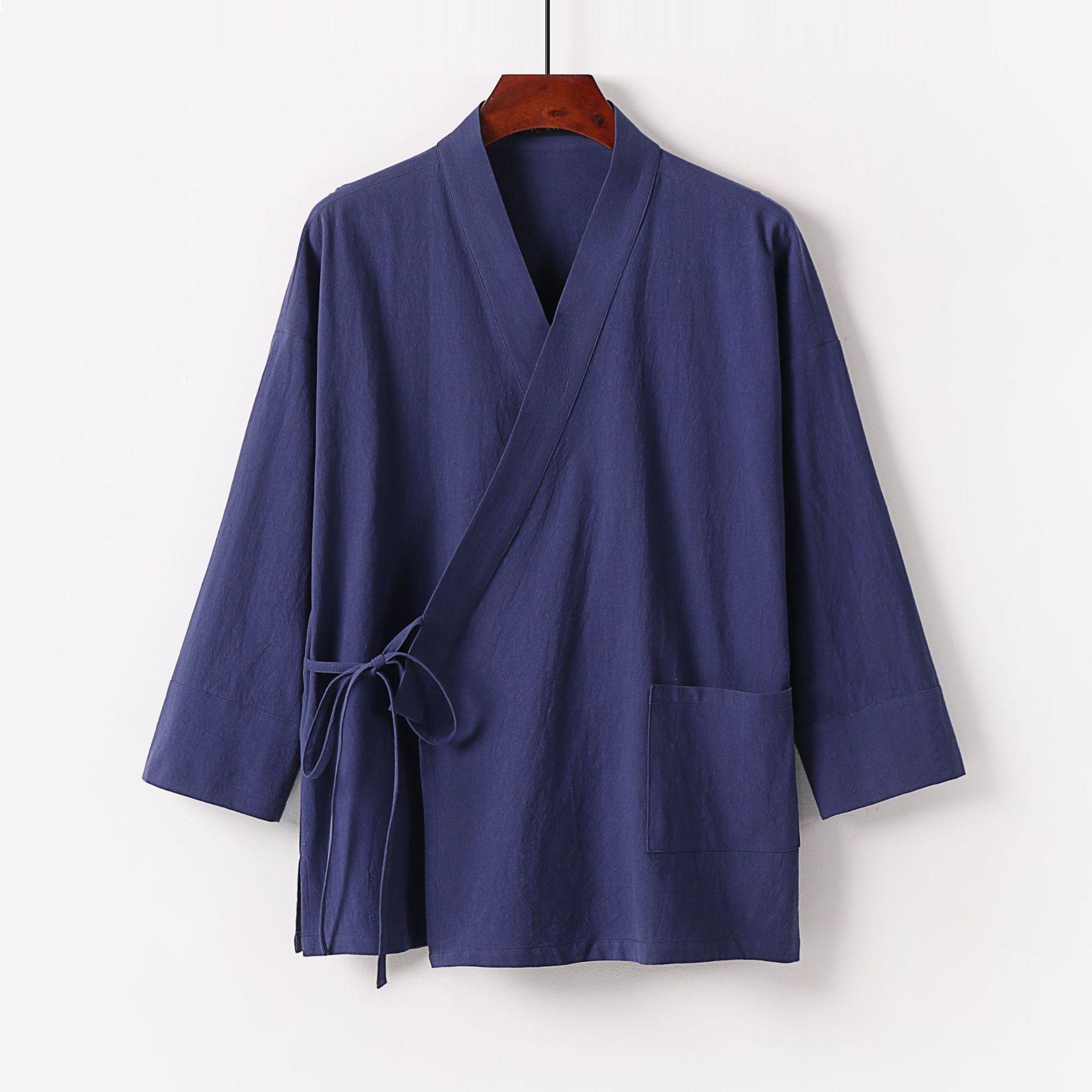 Männer Herbst Chinesischen Stil Hemd Top Mandarin Kragen Langarm Taschen Disc Taste Traditionelle Kung Fu Tai Chi Hemd Tang tops Uniform M blau