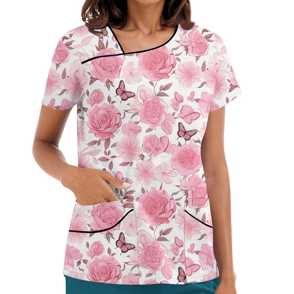 Women's Printed Work Clothes, Sloping Collar And Double Layer Pockets, Basic Top Pullover