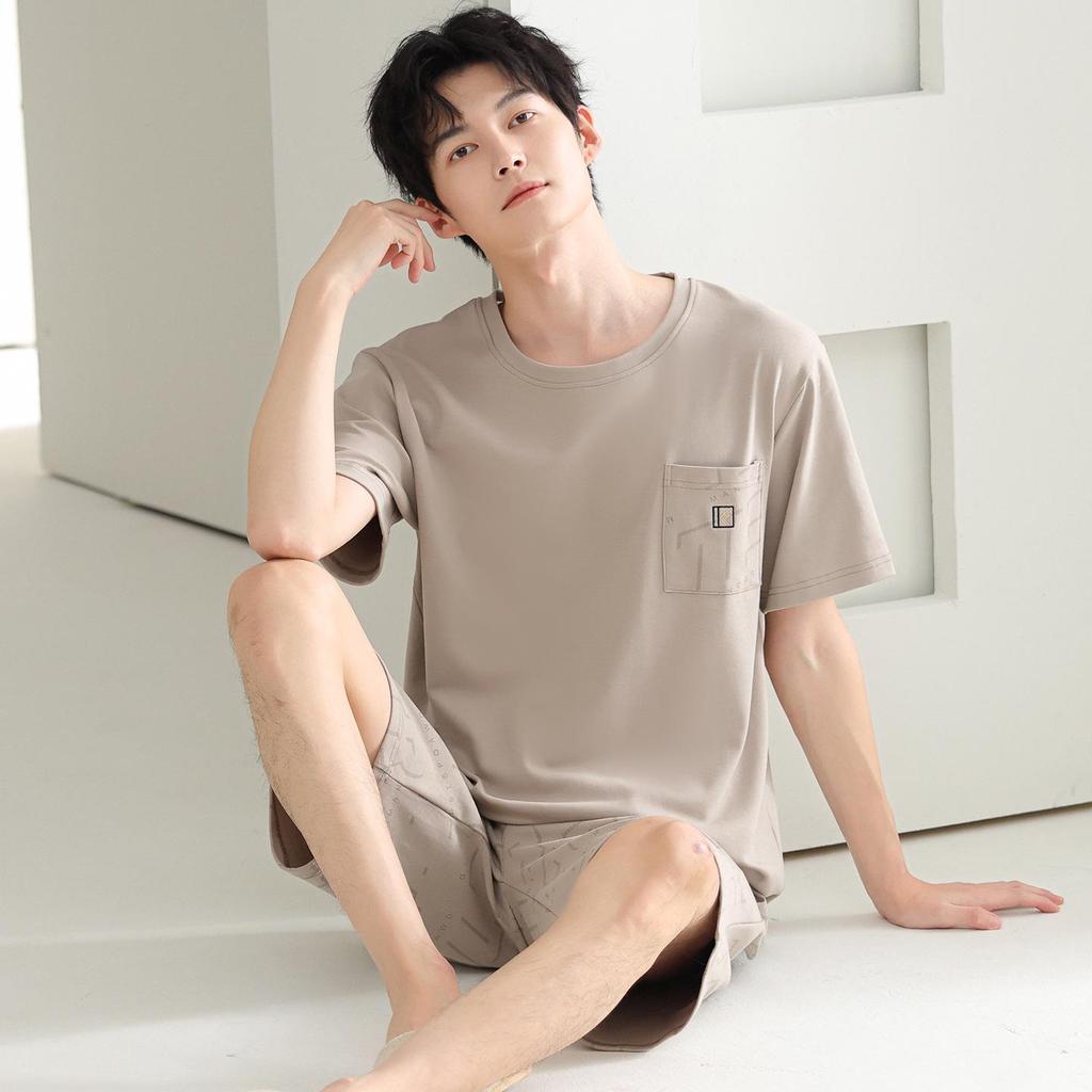 Men's 100% Cotton Short Sleeve Pajama Set - Summer Lightweight, Wearable Outdoors, Ideal for Teens