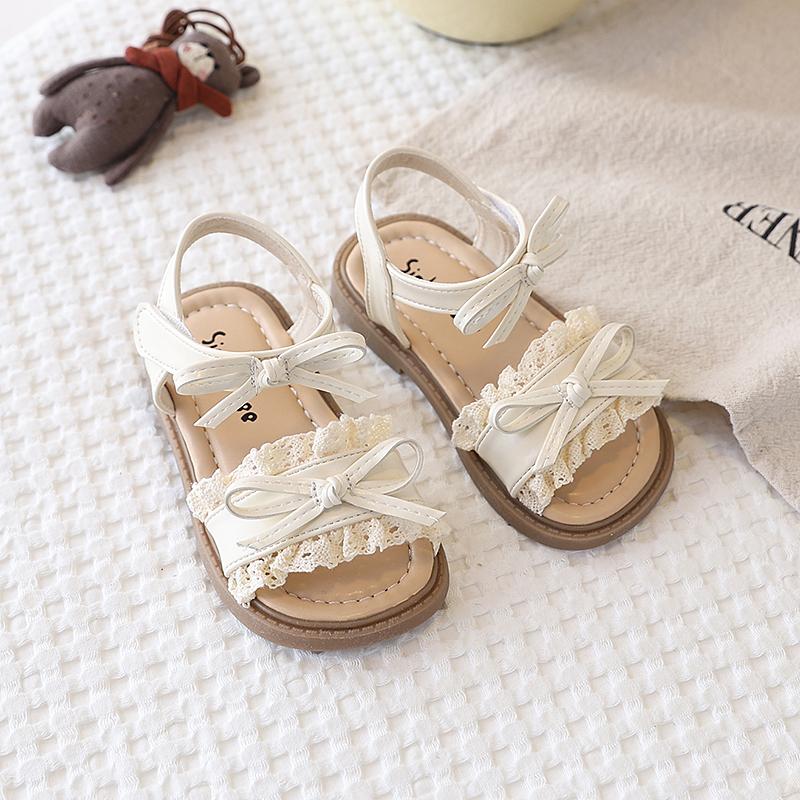 Girls' Sandals Super Pretty Lace-Edged Princess Shoes Soft Soles Fashionable Bow Beach Shoes Comfortable And Breathable