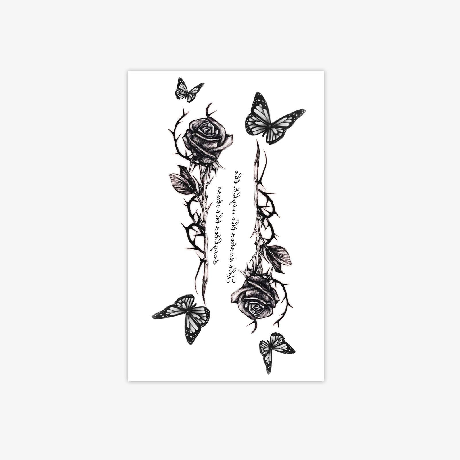 Dark Night Stars, Retro Black Rose Line Tattoo Sticker, Waterproof And Long-Lasting, English Short Sentence Arm Sticker 12*19