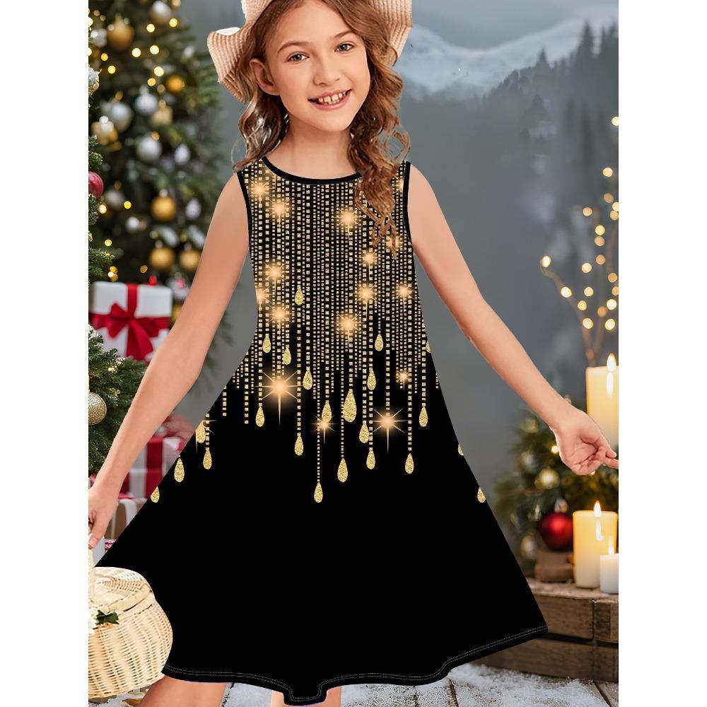 Girl's Summer Cute Christmas Print Sleeveless Vest Dress Fashionable Round Neck Casual Comfortable Soft Breathable Mini Dress