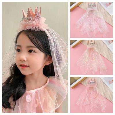 Korean Style Happy Birthday Hairband Headwear Crown Hairband Creative Lace Mesh Hair Hoop  Children