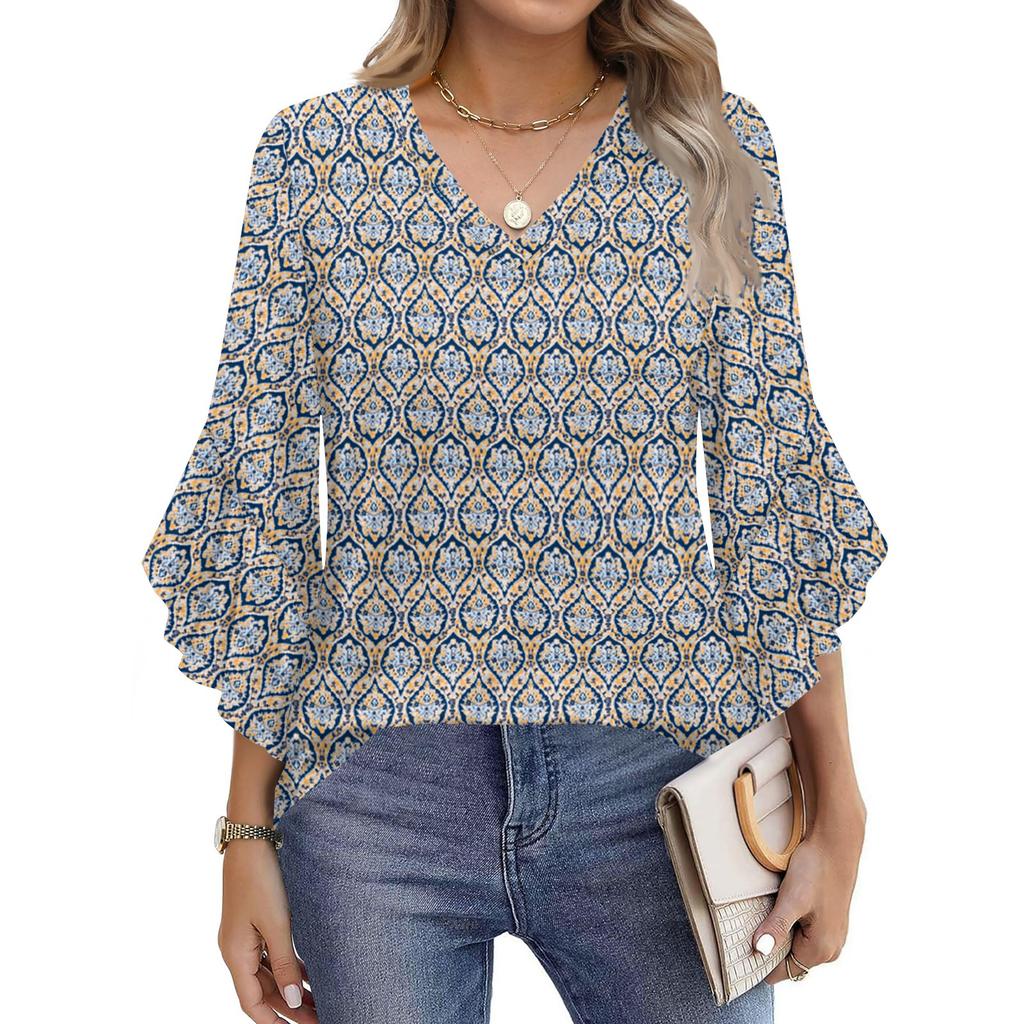 Blouses For Women Dressy Casual 3/4 Length Sleeve Womens Tops V Neck Tshirts Shirts With Flared Sleeve