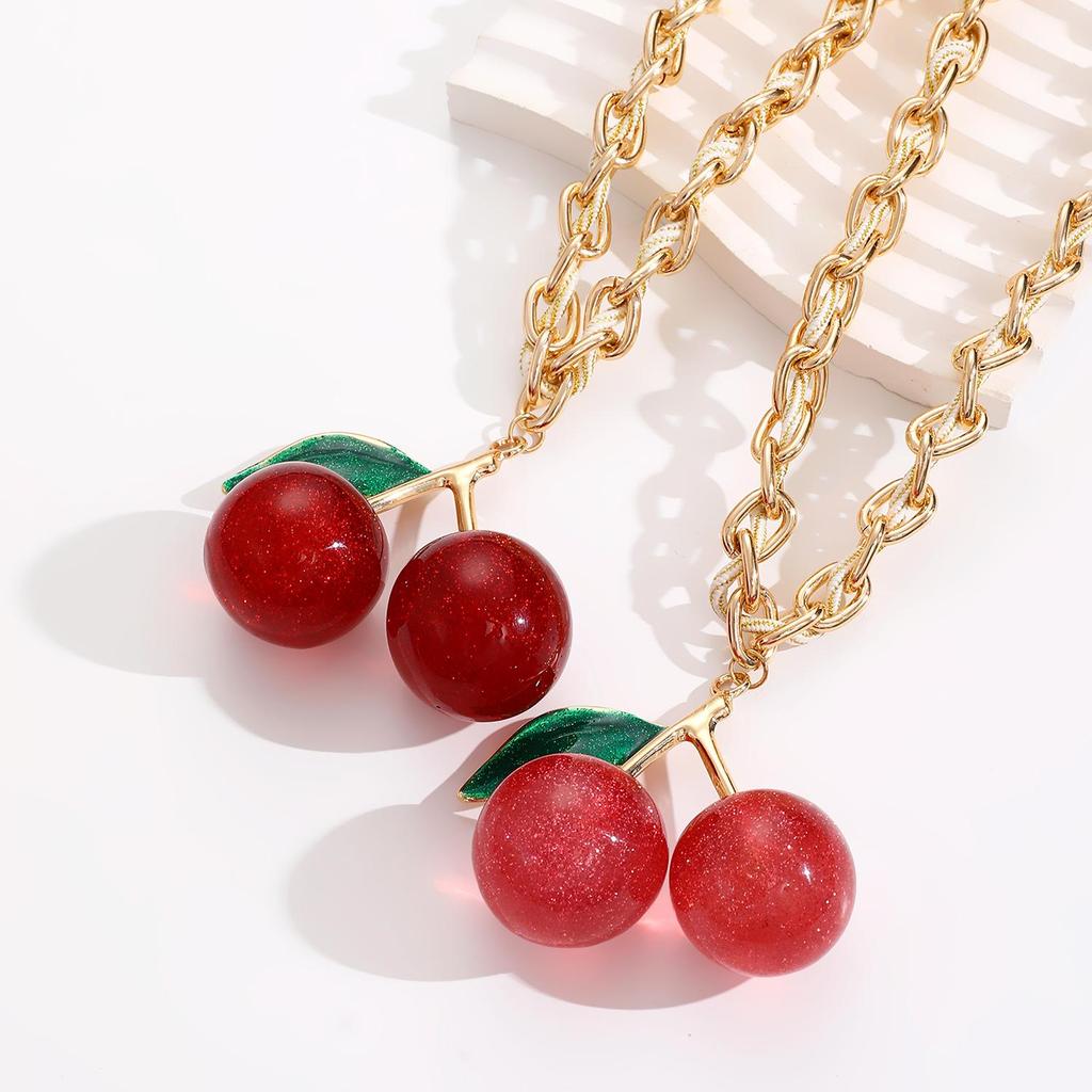 Fashionable Exaggeration Red Cherry Fruit Pendant Personalized Thick Chain Necklace For Women