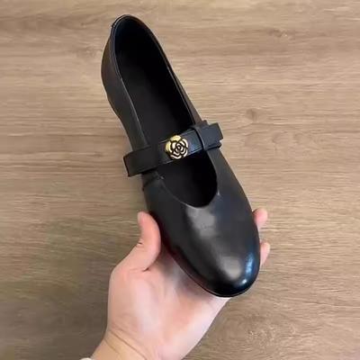 Sheepskin Version~ Retro Camellia Round Head Small Single Shoes for Women with Commuting Low Heels Mary Jane Shoes