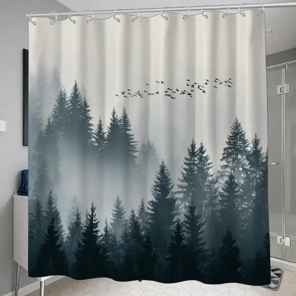 

Serene Forest Shower Curtain – Misty Pine Trees With Flying Birds On Gray Gradient Background, 12 Hooks, Waterproof Bath Decor W60H190(CM)-1 Pcs