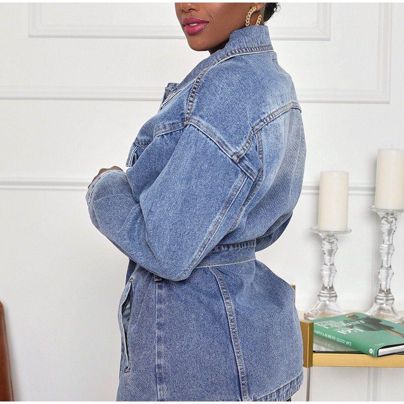 Elegant Lapel Denim Jacket with Belt Women Solid Color Long Sleeve Button Fake Pocket Loose Jacket 2025 Fashion Street Outwear