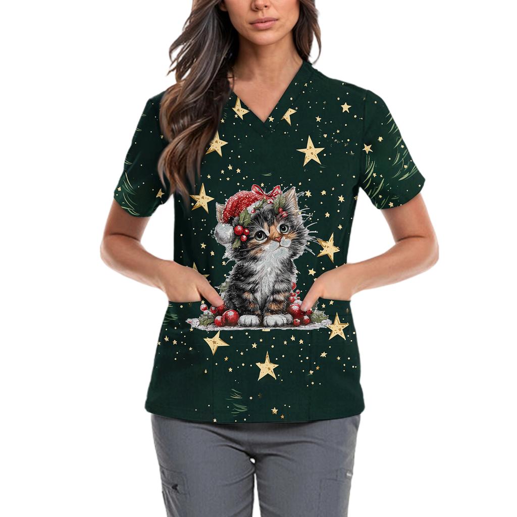 Women's Cute Bow Printed Work Clothes V-neck Double Layer Pockets Basic Short Sleeve Top Pullover