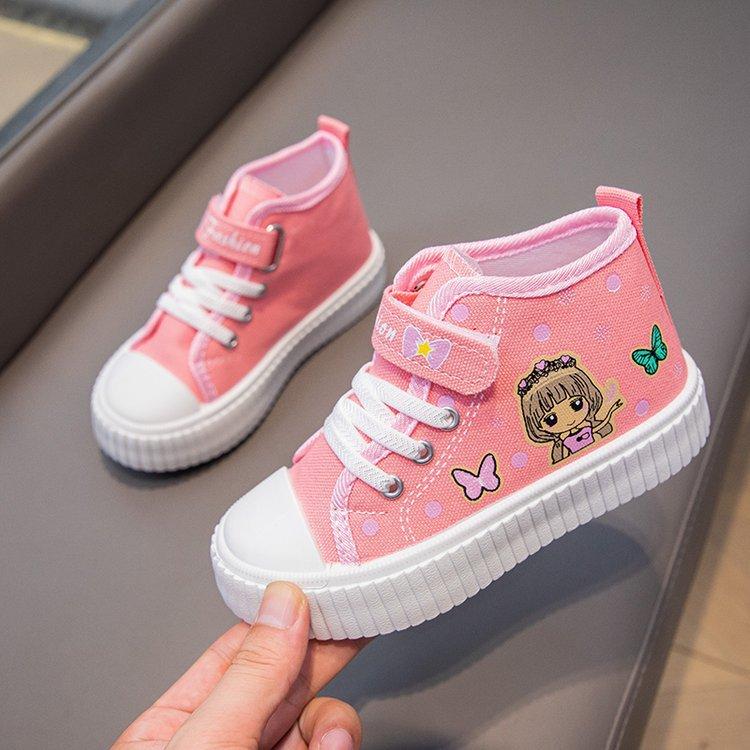 Wow, custom cartoon children's shoes are breathable and comfortable, high-top children's canvas shoes, baby soft-soled Velcro cloth shoes.