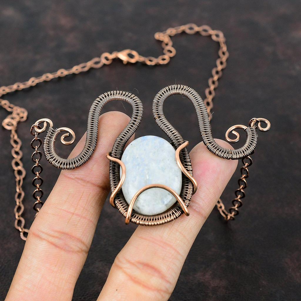 Rainbow Moonstone Gemstone Necklace Copper Wire Wrapped Necklace Handmade Dainty Copper Jewelry Adjustable Necklace Unique Necklace For Gift