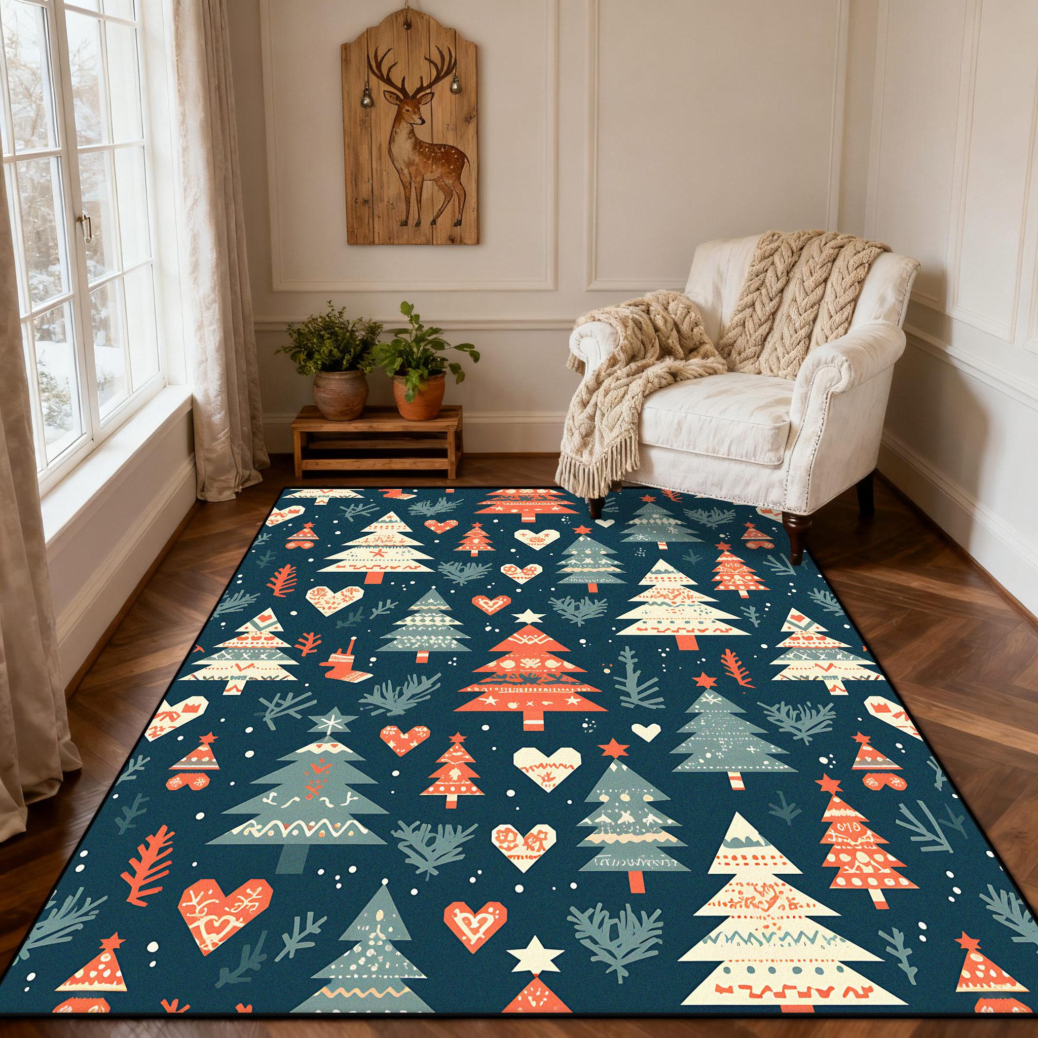 

Christmas Style Red Living Room Carpet Christma Tree Decoration Bedroom Fluffy Thickened Rug Indoor Cloakroom Non-slip Floor Mat 60x90cm