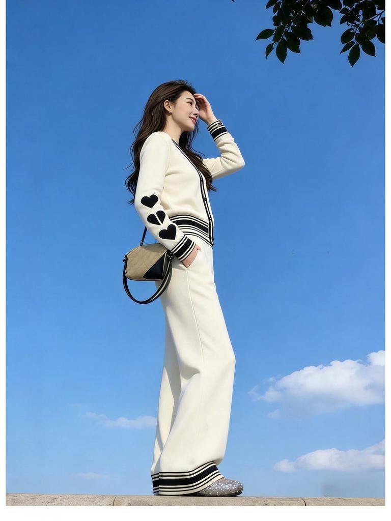 7783 Korean Fashion Rich Girl Heart Color Block Knit Cardigan & Long Pants Set - Fall/Winter