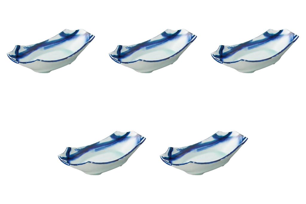 Set of 5 Blue and White Porcelain Mukazuke x x Mukazuke Setomonohonpo Hand-Painted Boat-Shaped [13.5 9.3 5.5 cm]