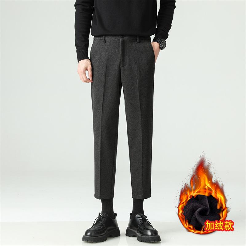Autumn and Winter New Velvet Thickened Men's Drape Black Pants Small Trousers Men's Slim Straight Casual Pants
