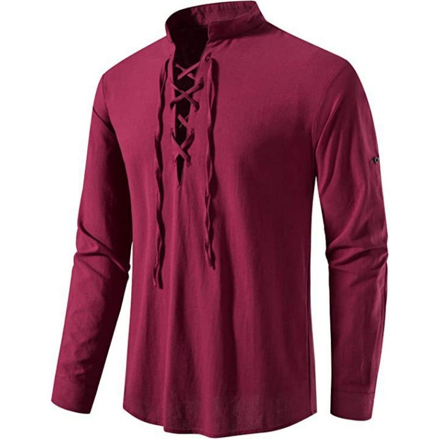 Men's Plus Size Cotton Henry Shirt Hippie Casual Long Sleeve Beach Stand Collar Shirt Man White Black Oversized Tops