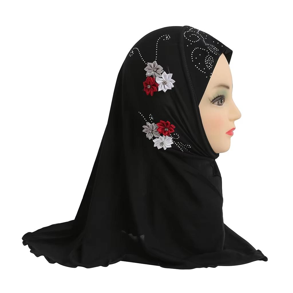 Fit 2-5 years old small girl cute hijab cap with flower beautiful muslim scarf islamic headscarf hat amira pull on headwrap