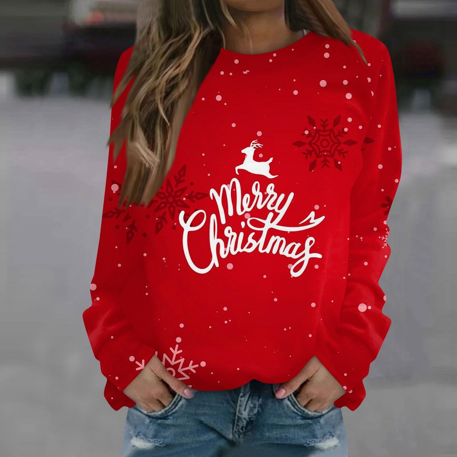 Женская повседневная мода с рождественским принтом и длинным рукавом с круглым вырезом — фото 7