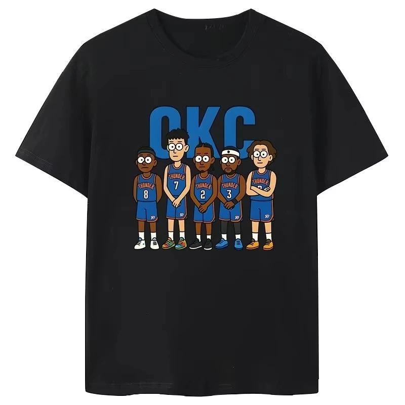 Stylish Casual White Cotton T-Shirt with OKC Thunder Team’s Cute Cartoon Starting Five Lineup Print Women And Men T-shirts