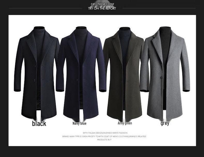 Men's Mid-Length Cashmere Woolen Coat - Winter Business Slim-Fit Windbreaker.