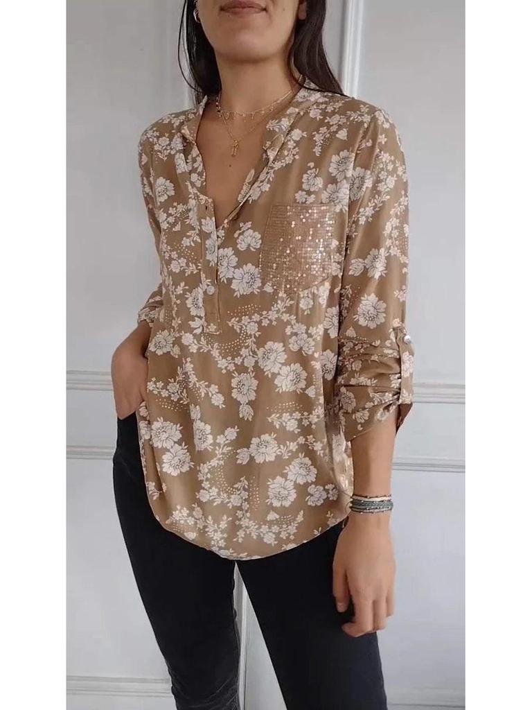 2025 Spring Loose Fit Casual Sequin Pocket Long Sleeve Shirt with Print