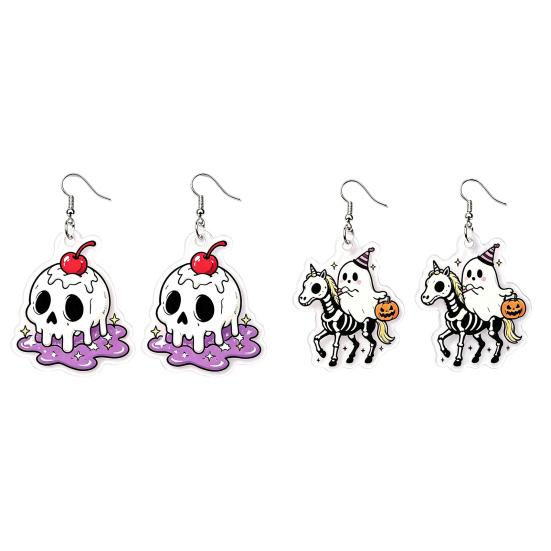 Holiday Party Accessories 1 Pair Acrylic Halloween Earrings for Women, 2D Flat Cute Cartoon Funny Skeleton Earring Ghost Skull Dangle Drop Earrings,