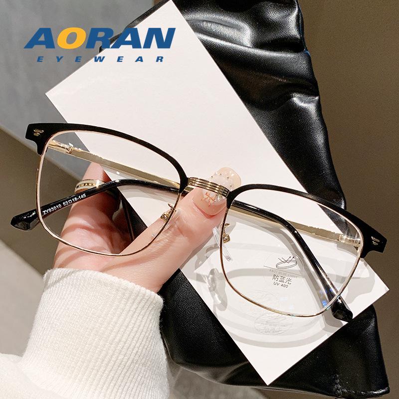 Men's Retro Half-Rim Eyeglass Frames: Anti-Blue Light, Prescription Ready, Decorative and Business Style