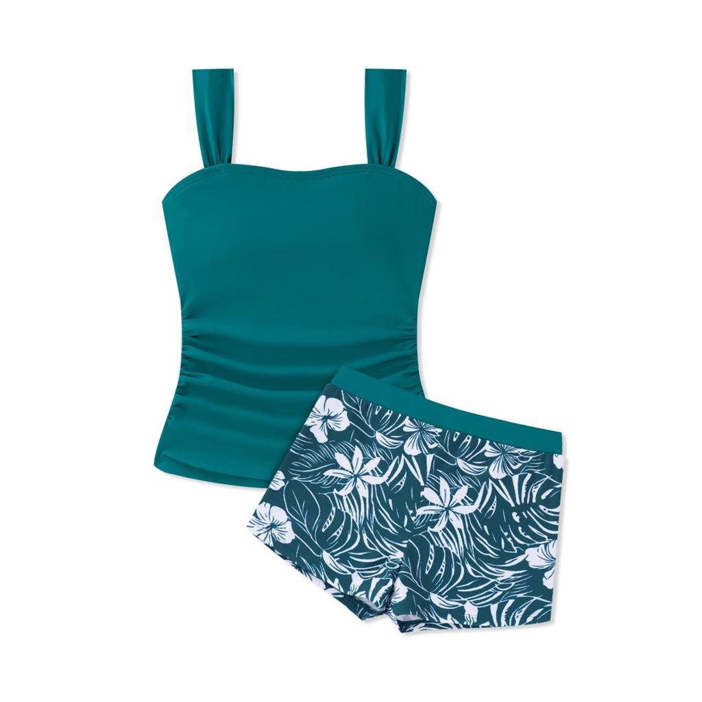 Girls Two Piece Swimsuit Tankini Top with Adjustable Straps and Floral Print Swim Shorts Lightweight Quick Dry Beachwear Set