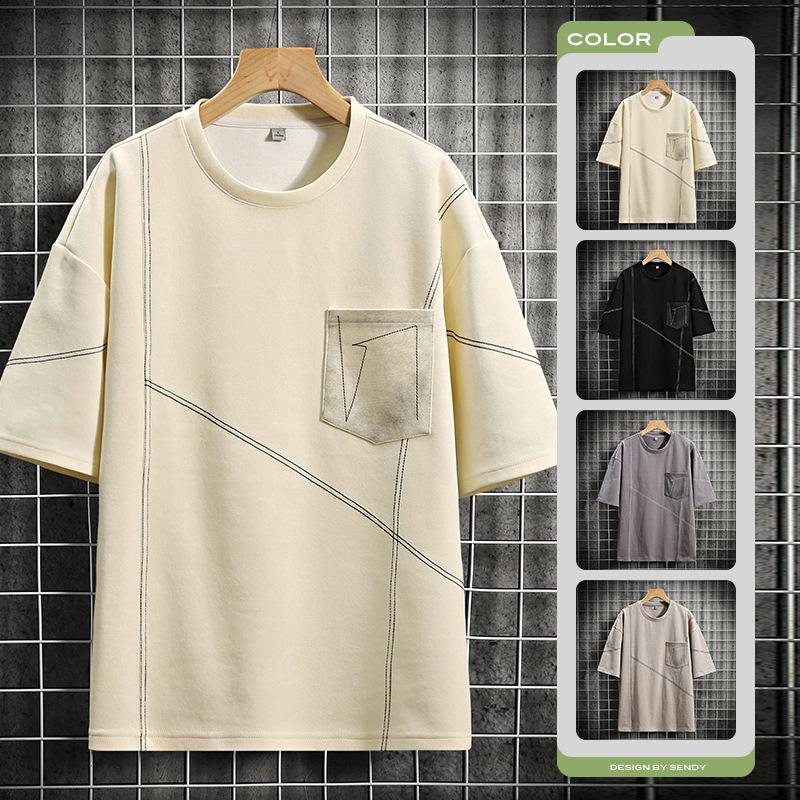 Letní pánské volné tričko s krátkým rukávem z čisté bavlny, ledového hedvábí, top s kulatým výstřihem a polovičními rukávy