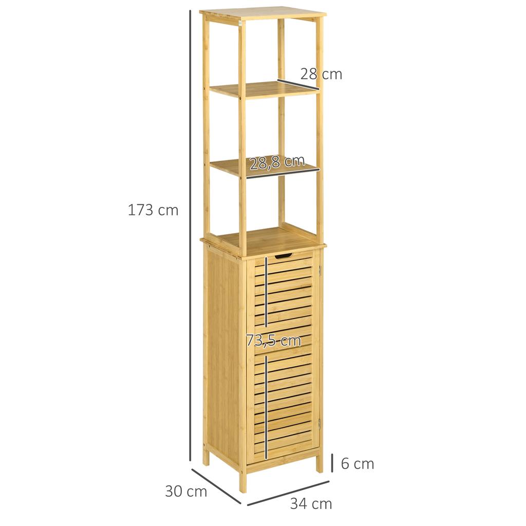 Tall Bathroom Cabinet, Slim Storage Cabinet, Tallboy Bamboo Storage Unit with 3-Tier Storage Shelves and Freestanding Organiser, Natural