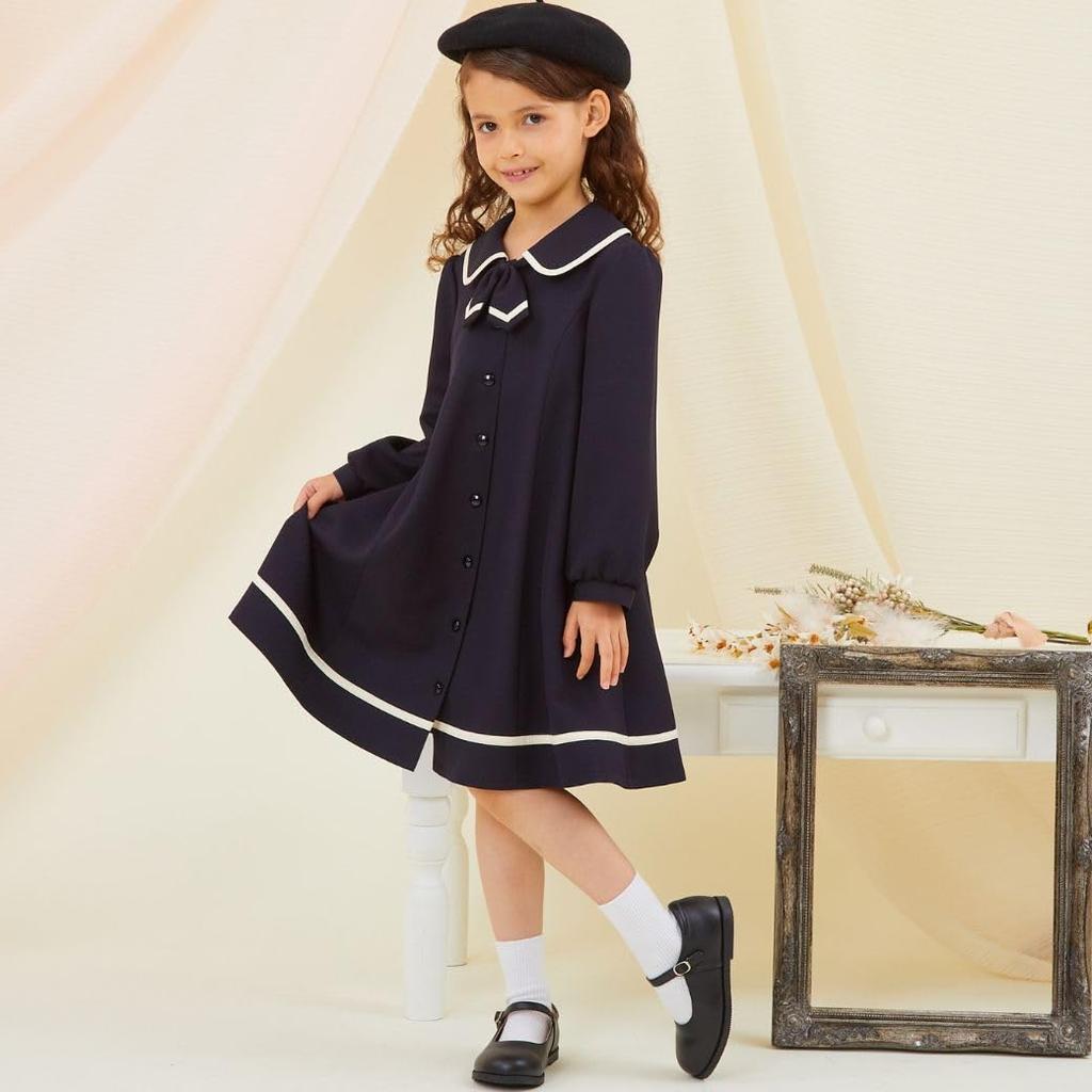Chopin School Entrance Ceremony Sailor Long Piping Dress with Size Navy Girls' Dress, 2-Way, Collar, Sleeve, Ribbon, 110cm, (7376-2356)