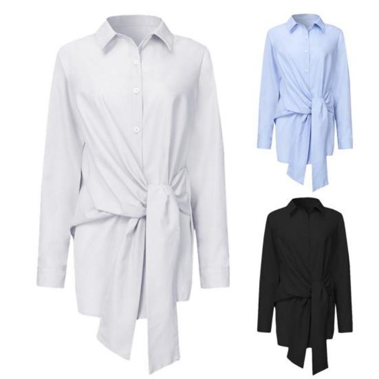 Women Fashion Asymmetric Turn Down Collar Shirt Blouse with Waist Lacing Buttons