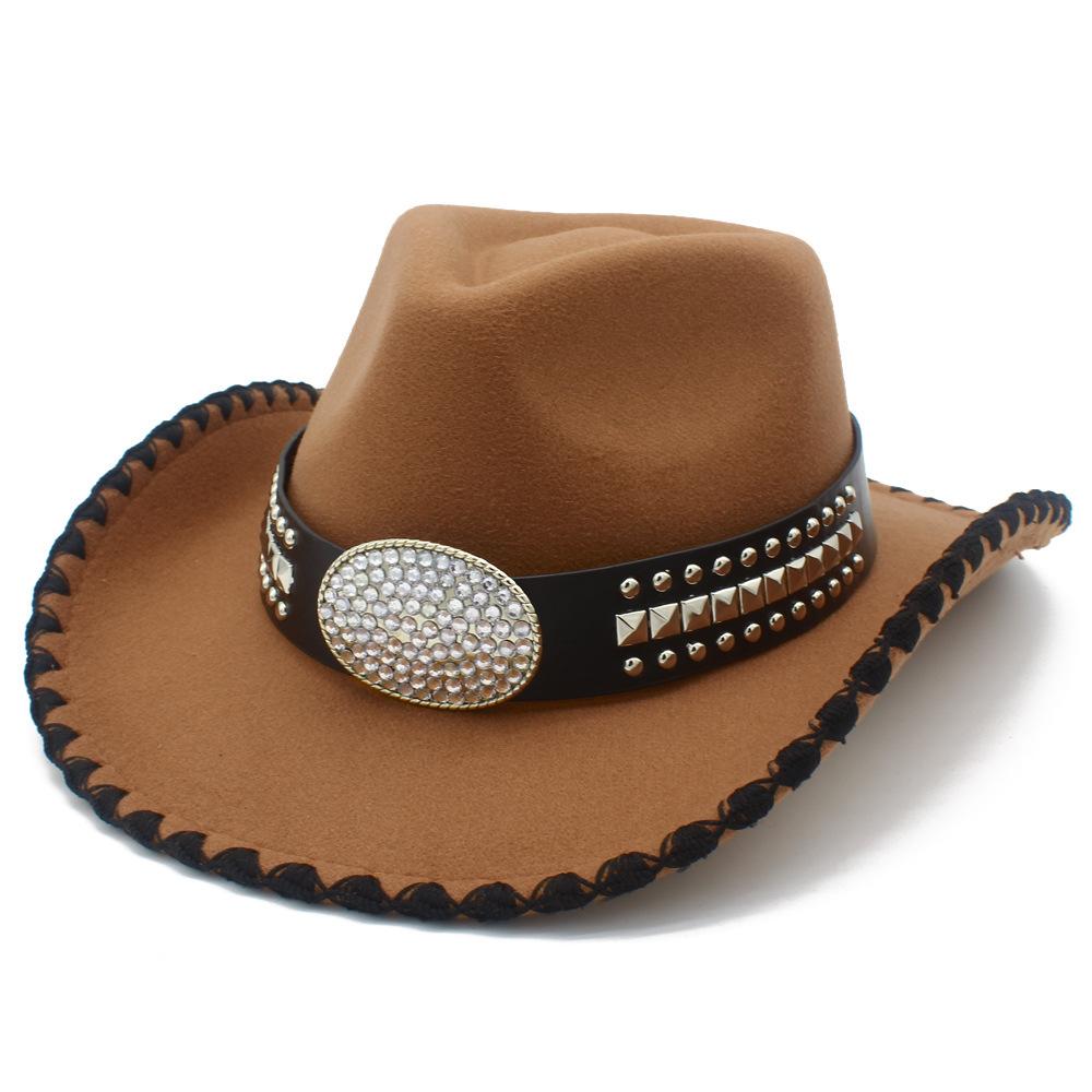 Fashion Contrast Color Personality Design Western Cowboy Hat Rivet Rhinestone Decoration Stage Suction Jazz Hat Versatile Top Hat