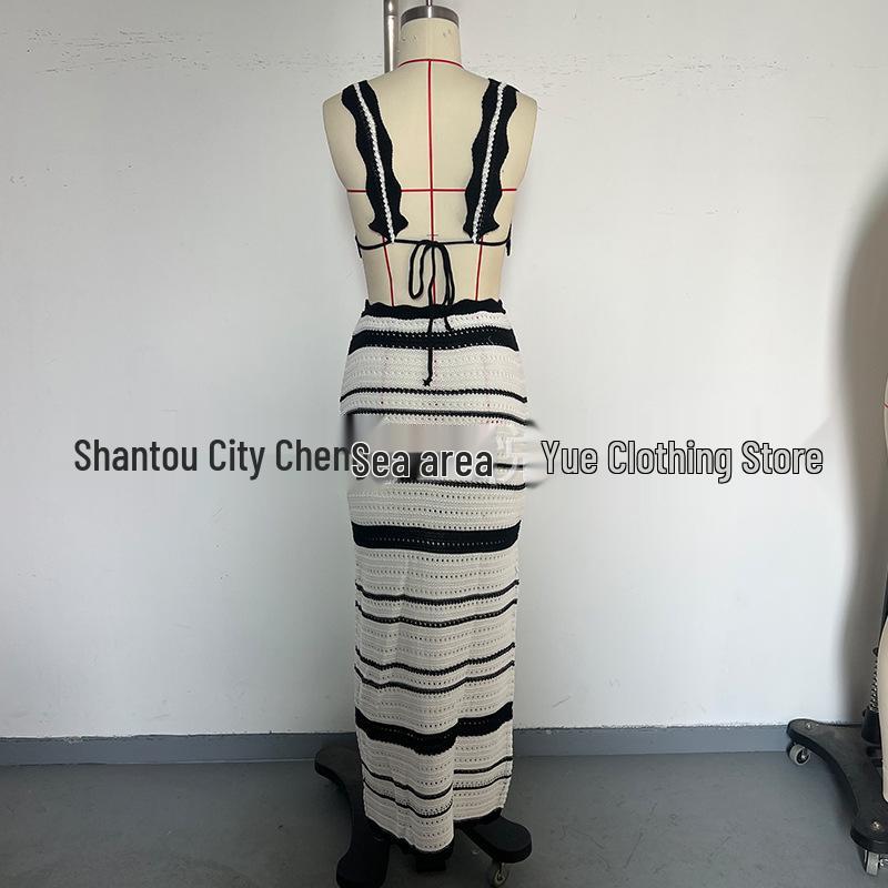 Striped European & American Fashion Vacation Beach Bikini Long Dress Set