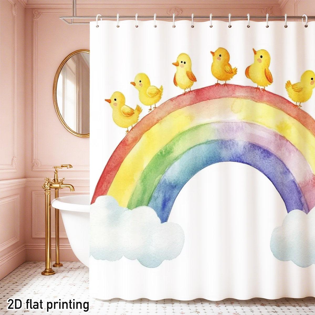 

Curtain Polyester Fabric Rainbow Duck Cloud Watercolor Children S Bathroom Decorative Shower Curtain 2D Flat Print W60H190(CM)-1 Pcs