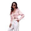 Women's Long Sleeve Silk Feeling Shirt Wrap Knot Casual Blouse