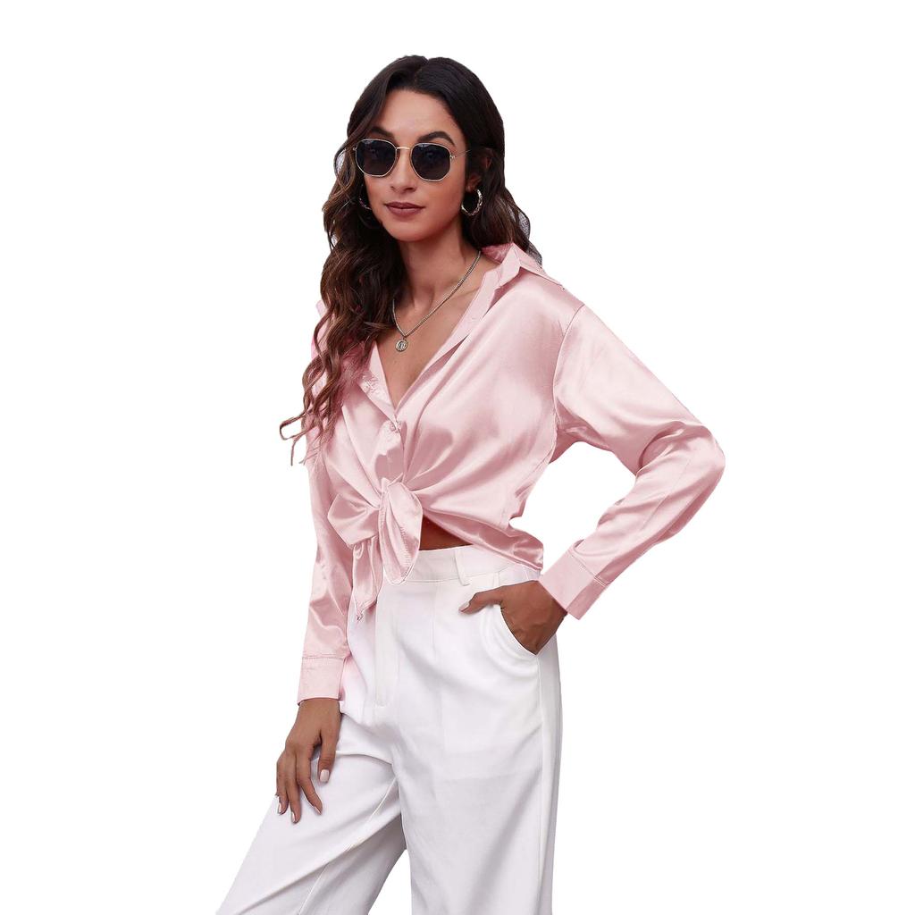 Women's Long Sleeve Silk Feeling Shirt Wrap Knot Casual Blouse
