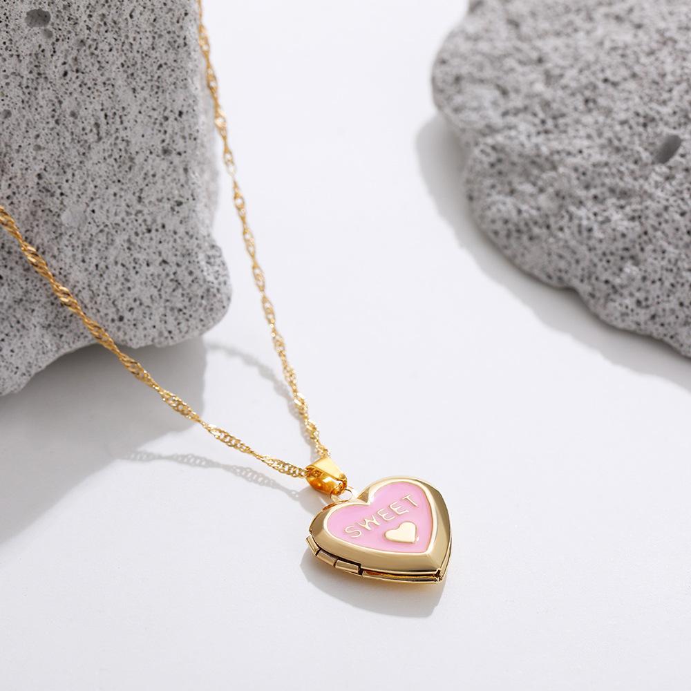 Stainless steel 18K gold powder love love necklace open and close photo album pet photo pendant collarbone chain