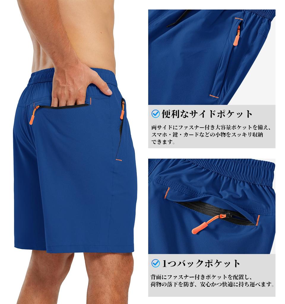 Gopune Men's Running Shorts, Quick-Dry Sweat-Wicking Sports Half Pants with Zipper Pockets, for Soccer Tennis Marathon Hiking (Blue, XL)