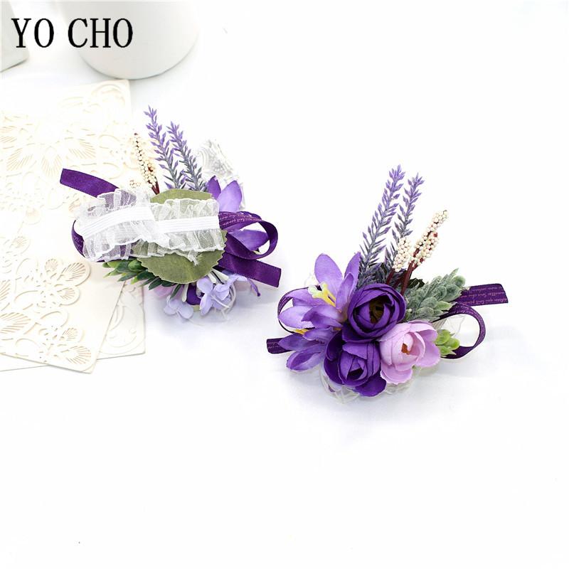 YO CHO Wedding Corsages Flower Groom Boutonniere Purple Silk Rose Man Brooches Wedding Bridesmaids Bracelet Wrist Corsage Flower