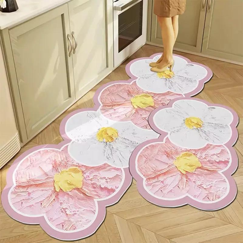 Flower Kitchen Floor Mat Non Slip Absorb Oil Kitchen Rug Oil Painting Long Carpet  Entrance Doormat  Kitchen Hallway Runner Rugs