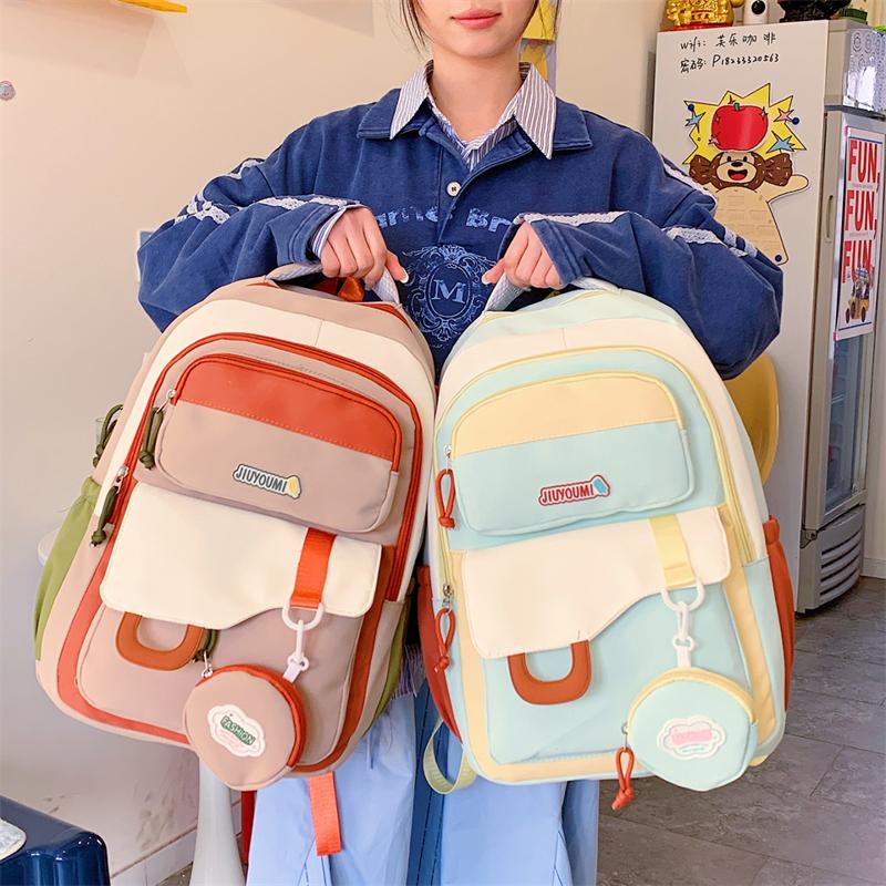 Large Capacity Girls Backpack Color Contrast Student Schoolbag