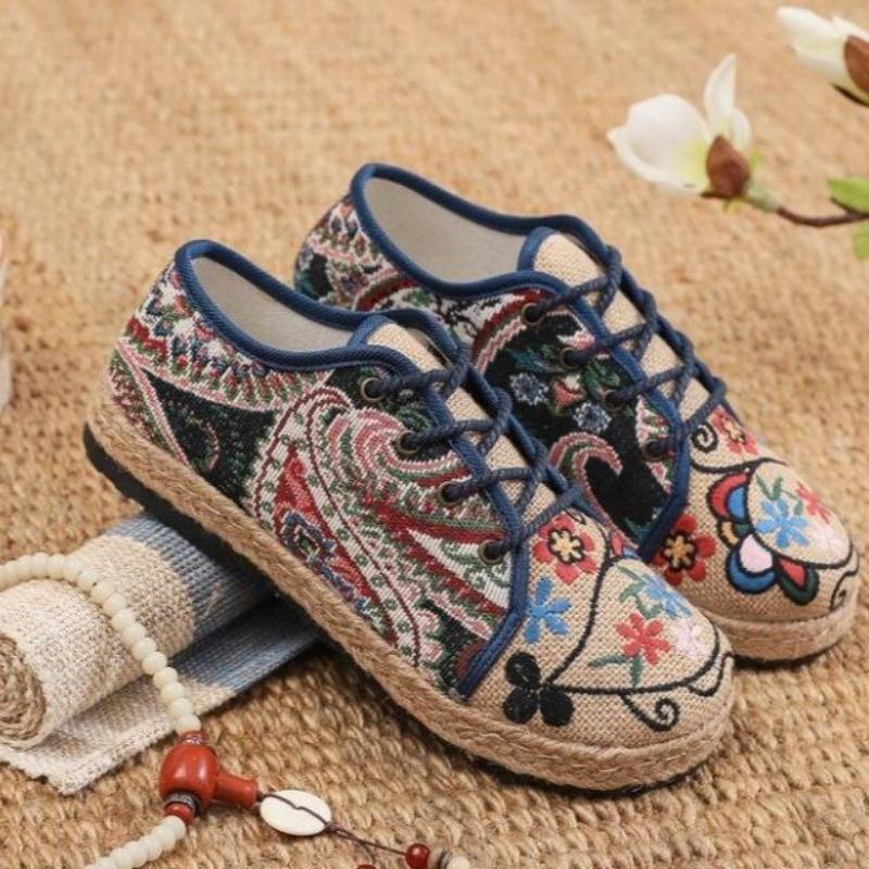 Women Shoes Round Head Cotton Linen Canvas Single National Woven Round Toe Lace Up Cloth Shoes Woman Flats Size 35-40