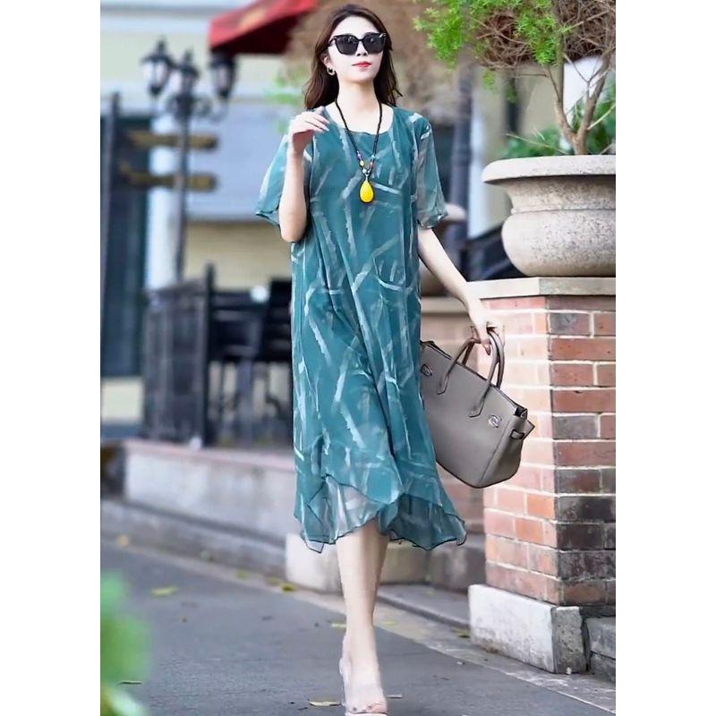 

Summer 2025 round Neck Short Sleeve Stylish Fashion Printed Mesh Patchwork Mid Length Long Length Loose Pullover Dress Women Image color S