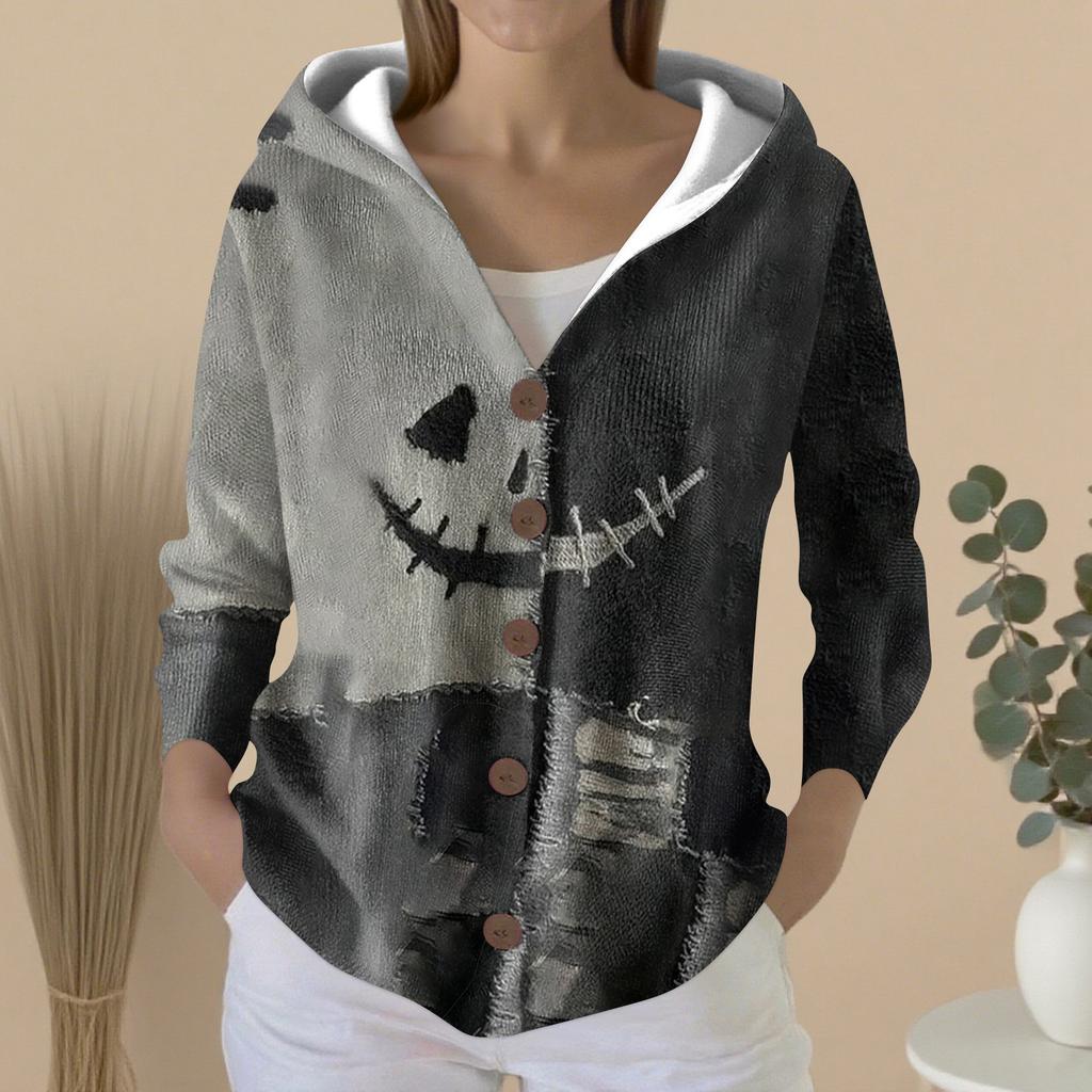 Mote for kvinner, avslappet genser, knappestrikkejakke med trykk, hettejakke