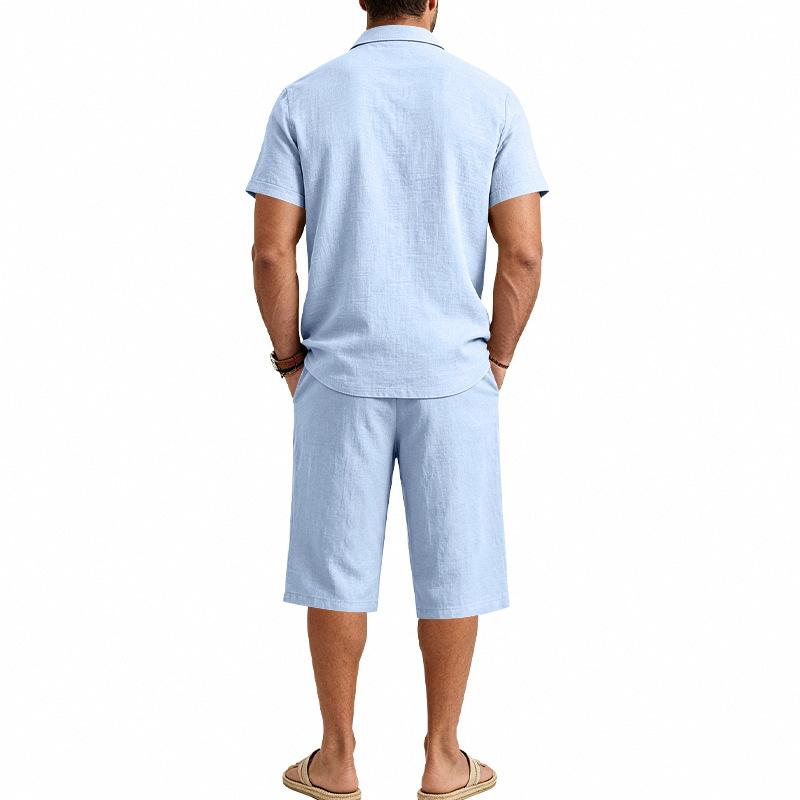 Summer Men's Casual Sportswear Sets Lapel Men's Short-Sleeved Shirt and Shorts Solid Beach Set