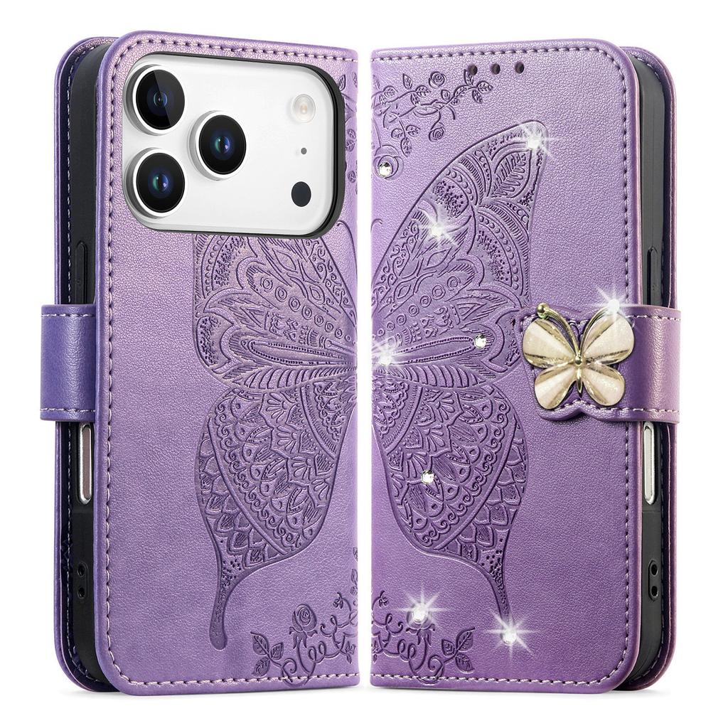 For iPhone 17 Pro Max Case 3D Rhinestone Decor Butterfly Flower Leather Phone Cover with Wrist Strap