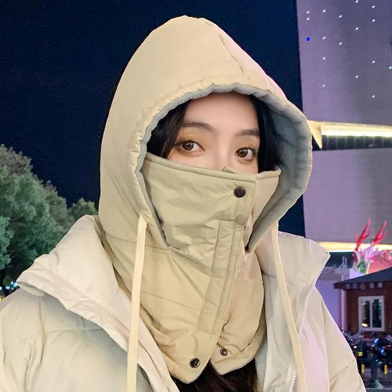 WTEMPO Winter Women's Solid Color Mixed Cotton Buckle Mask Hats Couple Windproof Cold-proof Warm Hats for Cycling Skiing