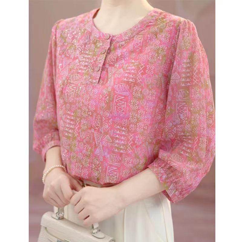 

Elegant Seven-Sleeve Summer Shirt for Mothers - Breathable and Exquisitely Crafted XL (100-115 jin) рожевий